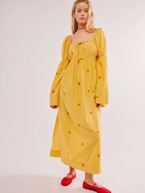 New Free People Emory Embroidered Midi Dress Yellow Combo NWT Boho Women’s XS